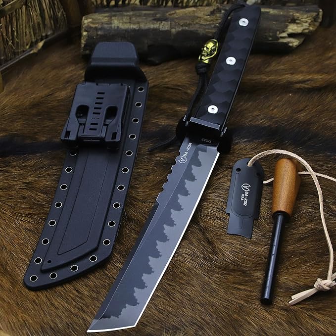 BA-KOR 15.8in Full Tang Japanese Style Outdoor Knife –8mm DC53 Steel Nylon Fiber Handle &ampSheath Hunting Survival Knife+(5.9in) cerium igniter (Black handle and black blade (8mm))