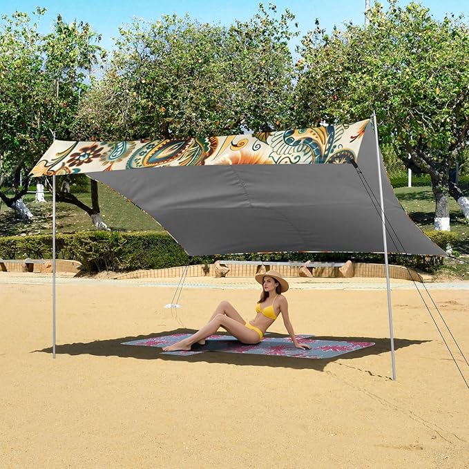 ALAZA Indian Paisley Vintage Beach Tent Sun Shelter UPF50+ Protection Beach Shade Canopy w/ 4 Sandbags for Outdoor Camping Fishing Backyard Fun Picnic 10x9 ft