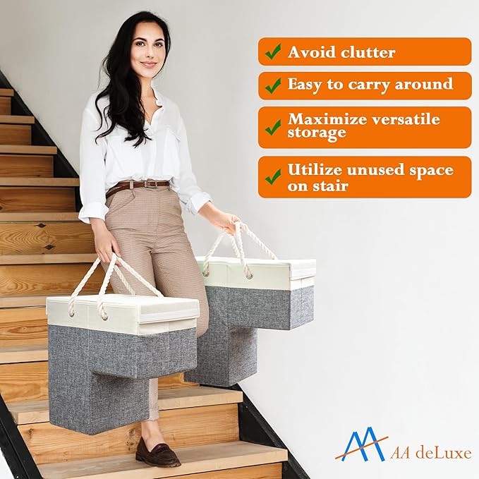 2 PACK | Stair Basket Organizer with Top Lid for Carpeted Stairs &amp Wooden Staircases. Versatile Sturdy Linen Storage Bag for Climbing Laundry &amp Shoe