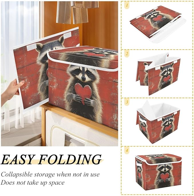 AIXIWAWA Lidded Storage Cube (Heart Raccoon) Fabric Foldable Closet Bins with Flip Lid and Handles Organizer Basket Container 16.5 x 12.6 x 11.8 IN