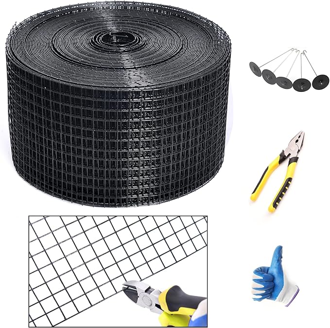 YESON Solar Panel Guard 8in X 100ft PVC Coated Critter Guard Roll Kit for Solar Panel Wire Screen Black Pigeon Barrier Netting with 120 Fastener Clips Cutting Scissor Gloves