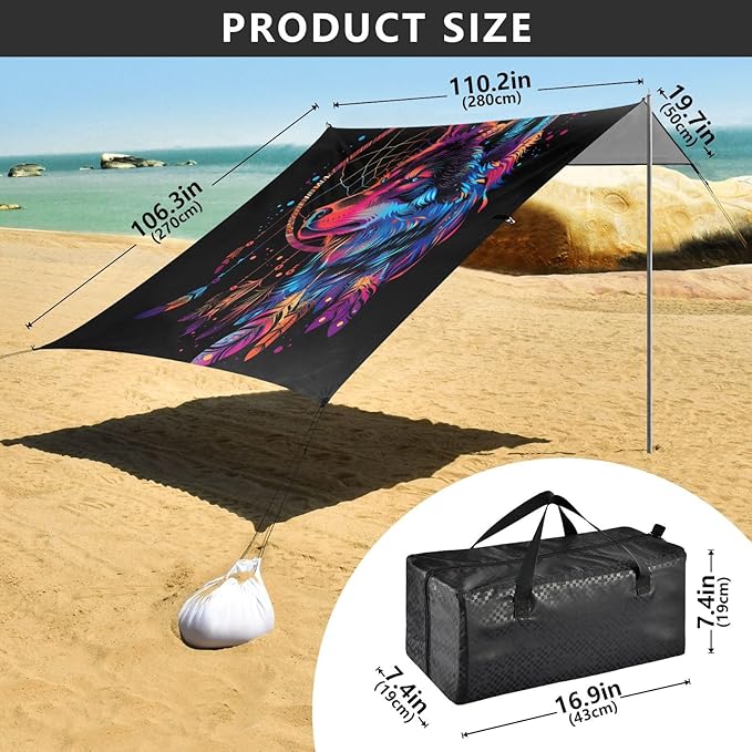 ALAZA Dreamcatcher Wolf Rainbow Color Beach Tent Sun Shelter UPF50+ Protection Beach Shade Canopy w/ 4 Sandbags for Outdoor Camping Fishing Backyard Fun Picnic 10x9 ft