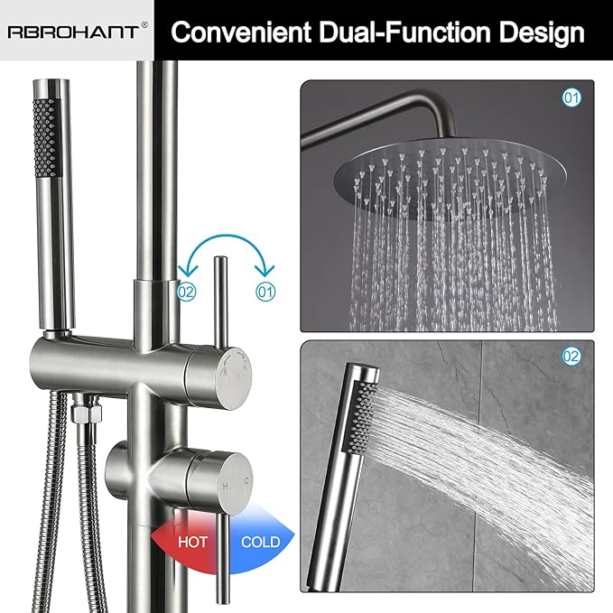 RBROHANT Freestanding Outdoor Shower Nickel Height Adjustable Outside Showers for Backyard Garden Pool Beach Outdoor Shower Fixtures with 10” Rain Shower Head and Handheld Brushed Nickel JK0317