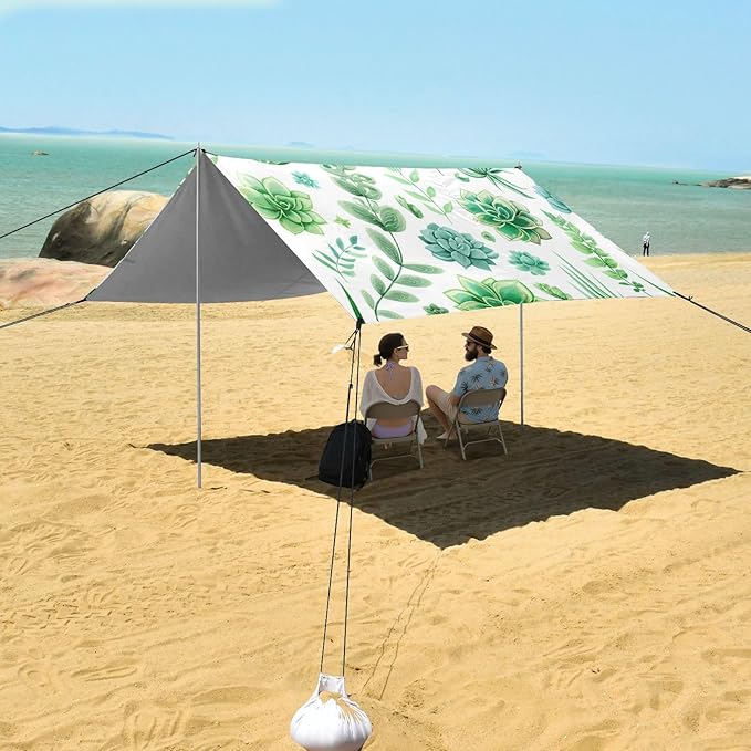 Beach Canopy with Windproof Ropes &amp Sandbags Beach Tent Sun Shade Sun Shelter for Camping Trips Fishing Backyard Fun or Picnics Grass