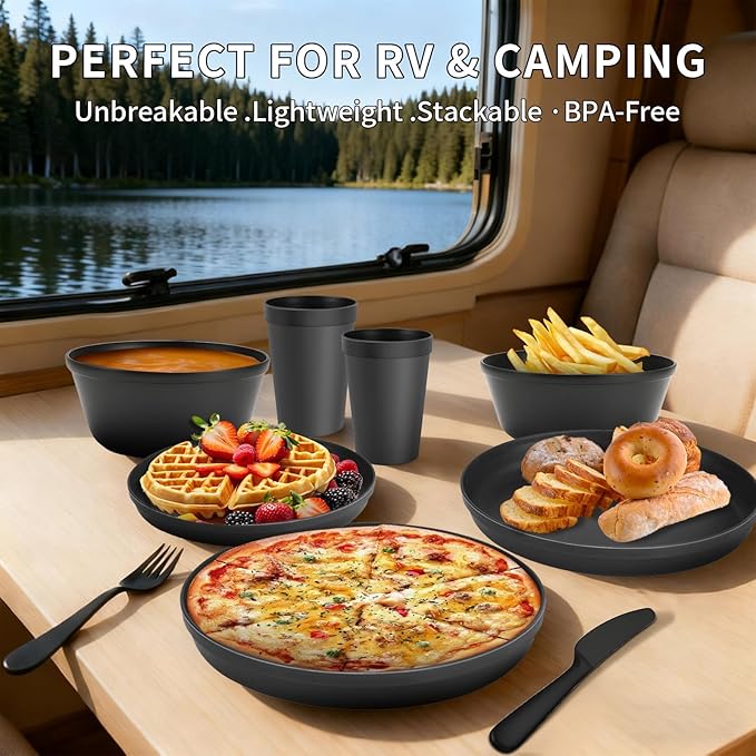 40 Piece Plastic Dinnerware Set for 8 with Cutlery Unbreakable Plates and Bowls Set Dishwasher &amp Microwave Safe Reusable Dish Set for Camping RV Outdoor Kitchen Apartment DiningRainbow Multi