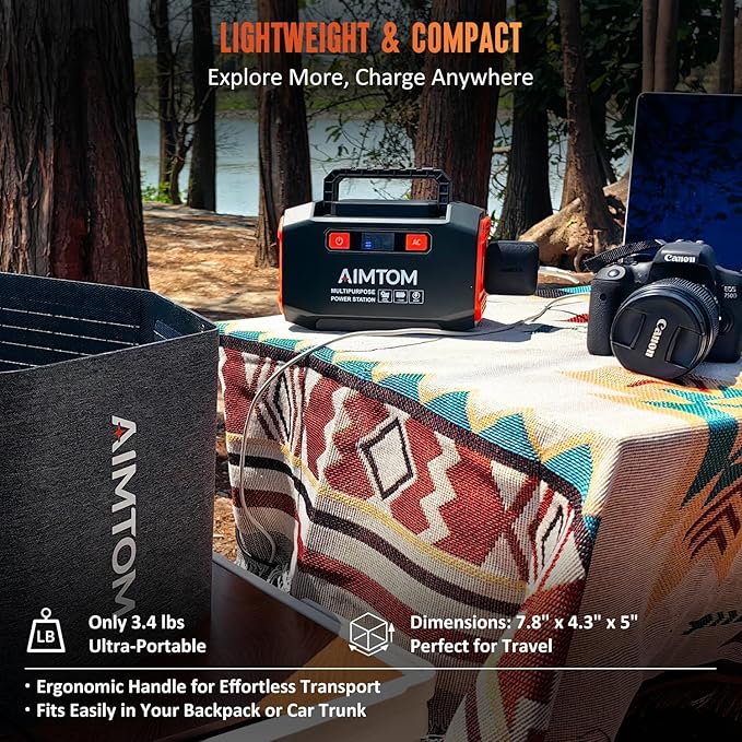 AIMTOM Portable Power Station 173Wh Lithium Battery 200W AC Outlet (250W Surge) 18W USB-C 2x USB-A 2x 12V DC Outputs LED Flashlight – Ideal for Camping Travel Emergency Backup RV Home Use