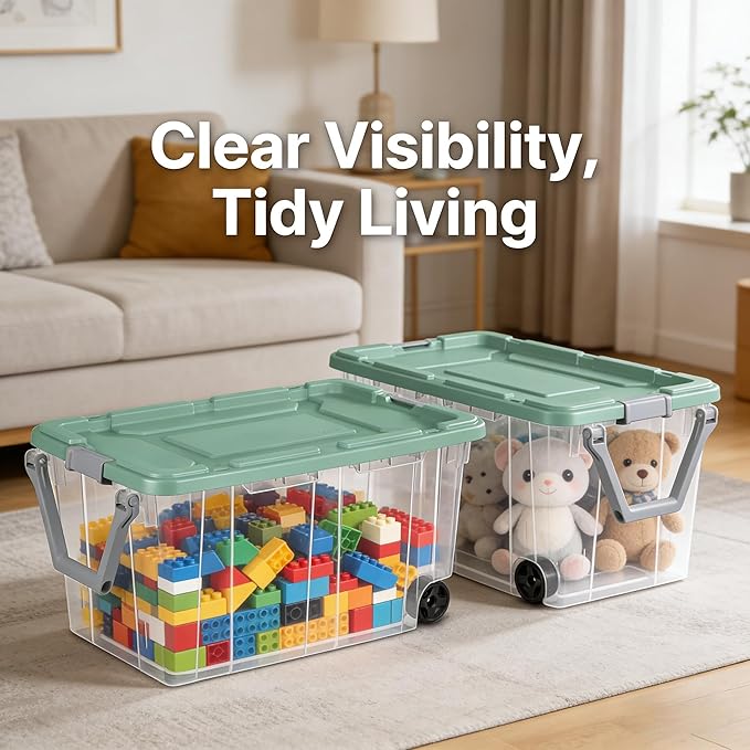 2-Pack 160-Quart Extra Large Capacity Storage Containers Durable Transparent Bin with Leak-Proof Lid Wheeled Portable Heavy-Duty Organizer Stackable for Outdoor Garage Storage Green and Clear