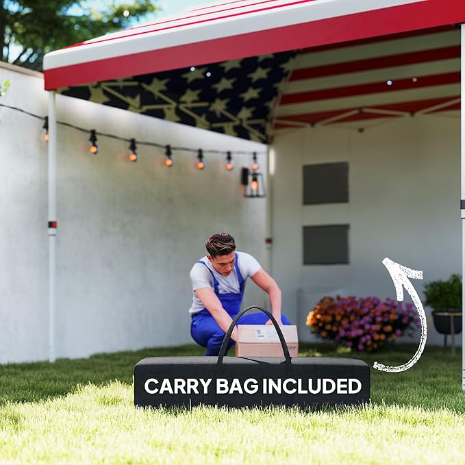 10x10 Pop-Up Canopy Tent Including FFor rame Support Sidewall Panels Integrated Storage Pockets Height Adjustable Feature American Flag Graphic Display