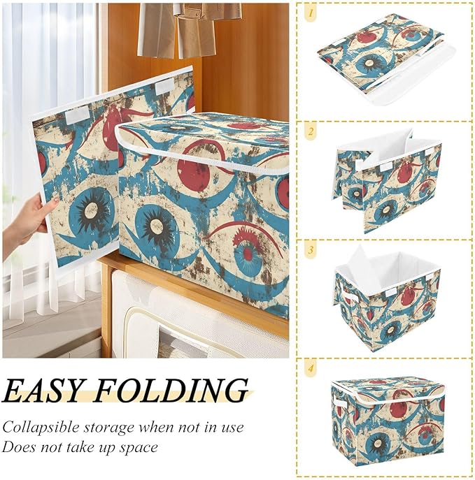 Storage Cube with Lid Retro Eye Pattern Print 16.5×12.6×11.8 IN Collapsible Large Capacity Foldable Storage Basket Bin Organizer