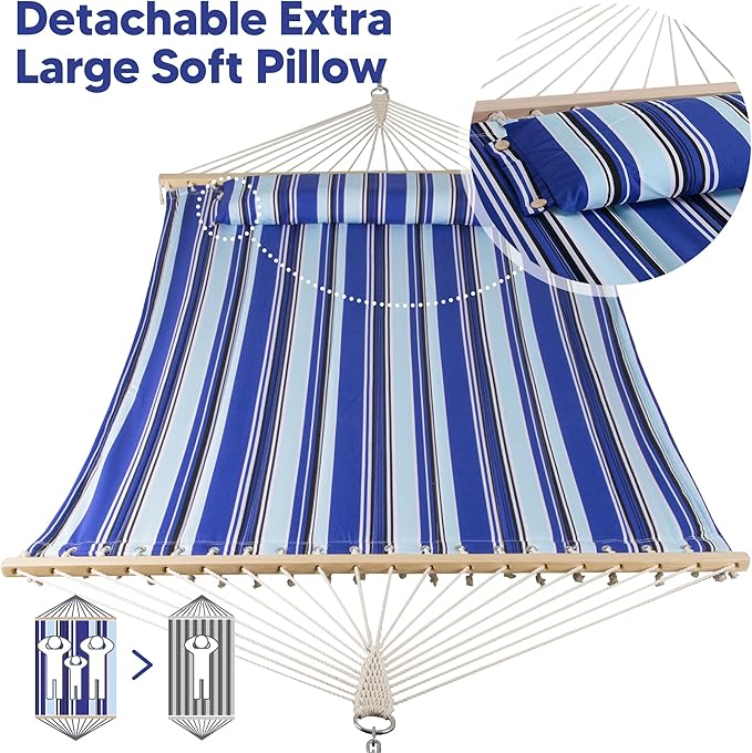 SUNCREAT Hammocks Quilted Fabric Hammock Double Hammock with Spreader Bar Soft Pillow Max 475lbs Capacity Blue Stripes