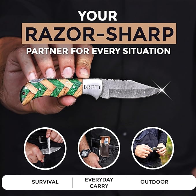 Custom Pocket Knife gifts for Men Personalized Damascus Folding Knife Engraved Gifts for Him Dad Boyfriend Husband Anniversary Groomsmen Gifts. Custom Knife for Camping Hunting Everyday Carry (