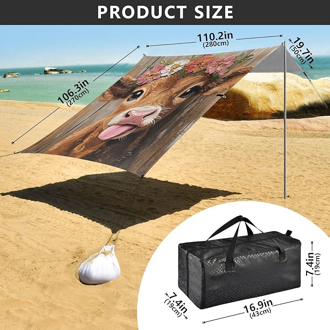 ALAZA Wooden Cow Beach Tent Sun Shelter Portable Canopy Sunshade for Outdoor Camping Picnics Backyard Fun 10x9 ft