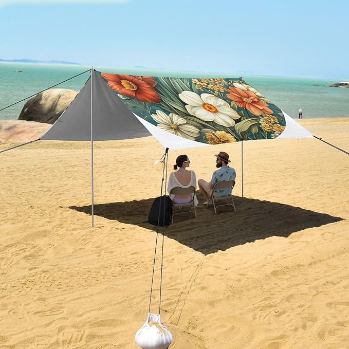 Florals Daffodil Bleeding Heart Dahlia Beach Tent &amp Canopy UPF50+ Lightweight Sun Shelter with Sandbags and Shovel for Backyard and Camping