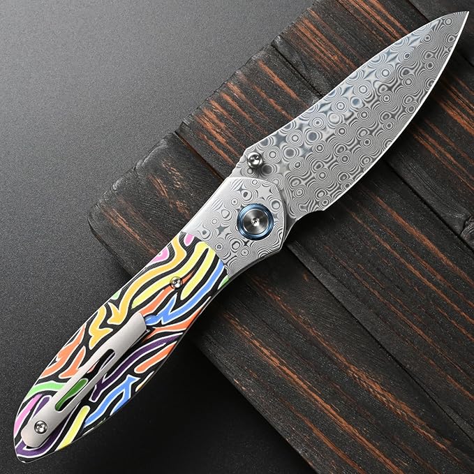 Sitivien ST273 Damascus Steel Blade Folding Knife Colorful G10 &amp Damascus Handle with Ball Bearing for Outdoor Camping Hiking Fishing (Color)