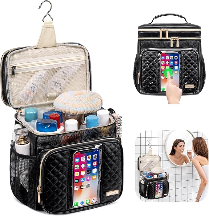 Large Leather Toiletry Bag for Women MenBathroom BagWater Resistant Shower BagMakeup BagPortable Shower Caddy for College DormHanging Travel Toiletry Bag with Transparent Waterproof Phone Pocket
