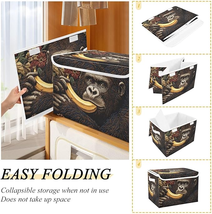 Funny Gorilla Storage Cube Bins Basket with Lid Collapsible Flip-top Fabric with Handle for Home Bedroom Closet Office 16.5×12.6×11.8 in