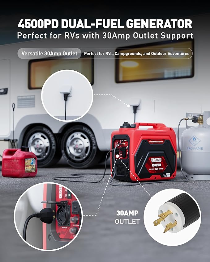 ERAYAK 4500W Dual-Fuel Portable Inverter Generator for Home Use Camping Outdoor 30A RV Ready Auto Switch Gas and Propane Powered EPA CO Sensor Parallel Ready Campact Design
