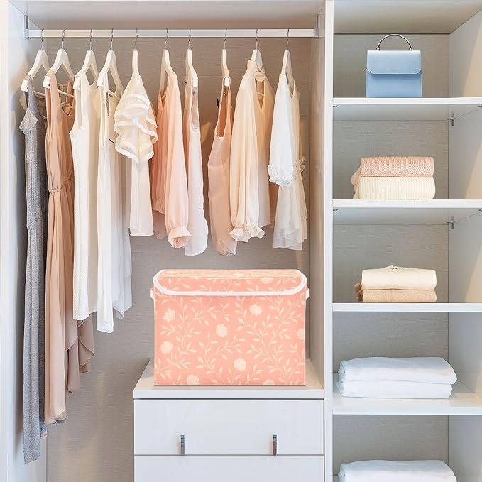 ALAZA Peach-pink Floral Vine Storage Bins Organizer Box Baskets Lidded Clothes for Shelves Closet Collapsible Stackable Storage Cubes Handles