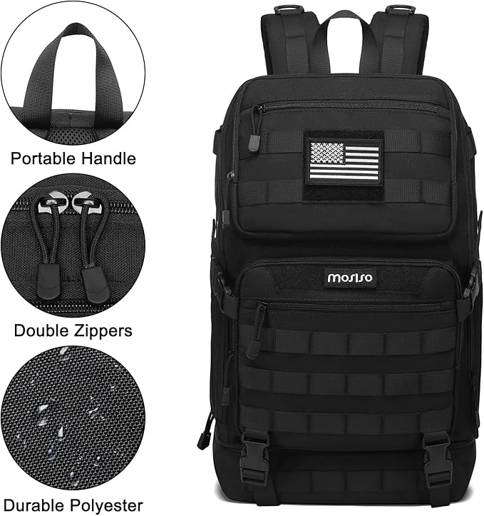 MOSISO 23L Tactical Backpack with Bottom Insulated Cooler Military Daypack 3 Day Assault Pack Army Rucksack Bug Out Bag with USA Flag Patch for Men Women Sport Outdoor Hiking Camping Training Black