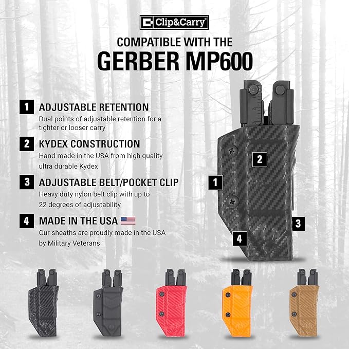 Clip &amp Carry Kydex Multitool Sheath for Gerber MP600 ~Fits bluntnose &amp needlenose Models~ Made in USA (Multi-Tool not Included) Multi Tool Holder Holster