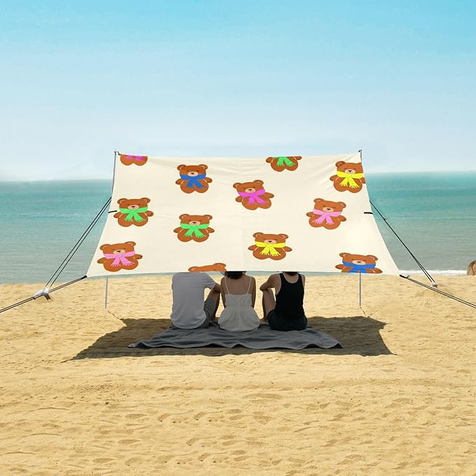 xigua Teddy Bear Beach Tent Sun Shelter with Carrying Bag - Silver Coated Oxford Fabric Beach Canopy for Beach Camping Fishing - Includes Windproof Ropes Sandbags &amp Stakes