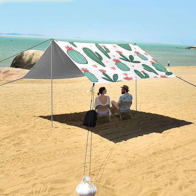 ALAZA Green Cacti Cactus Beach Tent Sun Shelter UPF50+ Protection Beach Shade Canopy w/ 4 Sandbags for Outdoor Camping Fishing Backyard Fun Picnic 10x9 ft