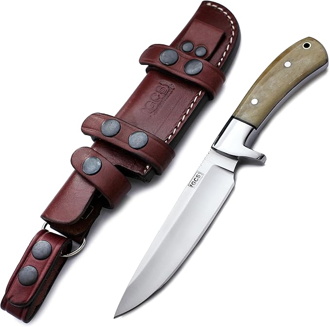 GCS Handmade Camel Bone Handle D2 Tool Steel Tactical Hunting Knife with leather sheath Full tang blade designed for Hunting &amp EDC GCS 141