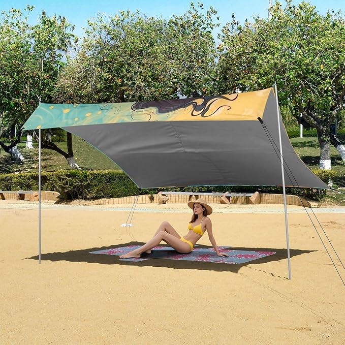 ALAZA American Woman with Curly Hair Art Beach Tent Sun Shelter Portable Canopy Sunshade for Outdoor Camping Picnics Backyard Fun 10x9 ft