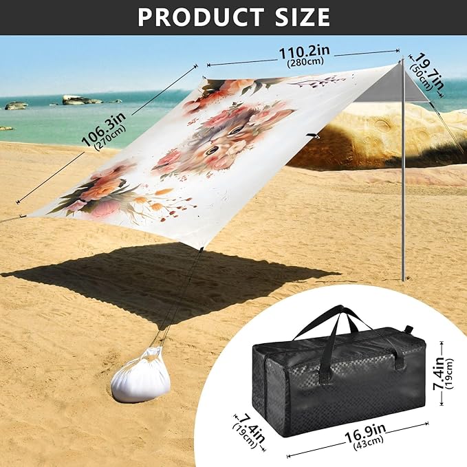 ALAZA Cat Kitten Rose Flower Beach Tent Sun Shelter UPF50+ Protection Beach Shade Canopy w/ 4 Sandbags for Outdoor Camping Fishing Backyard Fun Picnic 10x9 ft