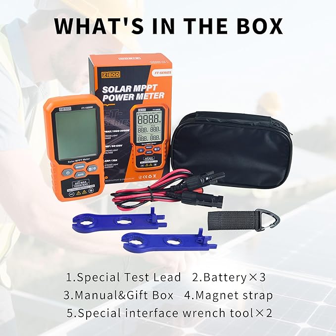 ZIBOO FT-1000W Solar Panel Tester MPPT Meter - 1000W Max Power 80V/35A PV Module Tester for Voc/Isc Open Circuit Voltage &amp Short Circuit Current with Backlight &amp Data Hold
