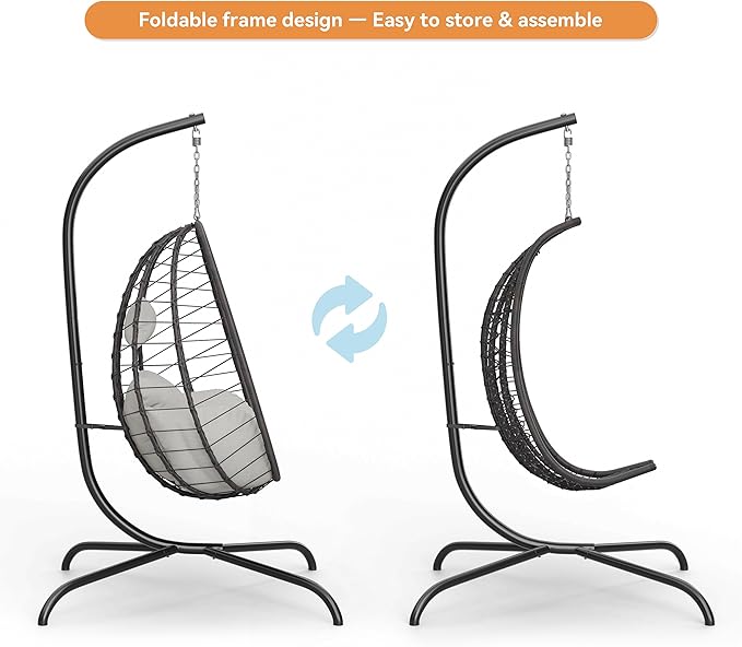 ALAULM Foldable Egg Chair with Stand 485LBS Capacity Wicker Rattan Hammock Swing Chair for Outdoor &amp Indoor Hanging Chair with Strong Frame &amp UV Resistant Cushion for Balcony Bedroom Cream