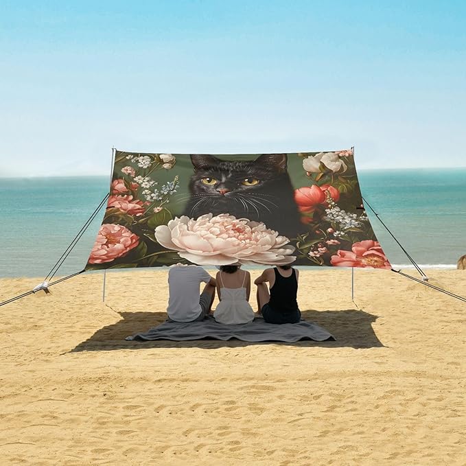ALAZA Black Cat Peony Flowers Beach Tent Sun Shelter UPF50+ Protection Beach Shade Canopy w/ 4 Sandbags for Outdoor Camping Fishing Backyard Fun Picnic 10x9 ft