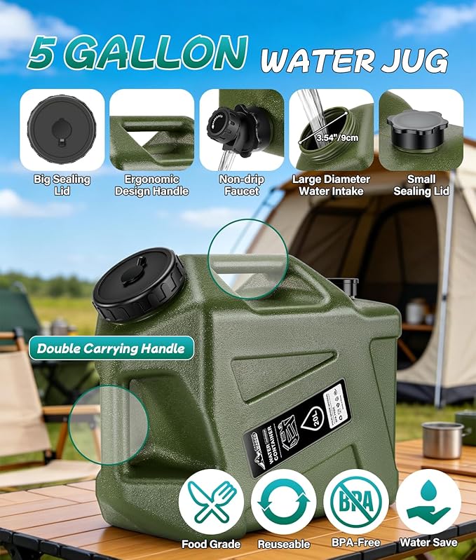 2026 Portable Shower for Camping with 5-Gallon Water Jug Rechargeable Camping Shower Food Grade Material Water Containers for Fruit &amp Vegetables Wash Integrate Design for Outdoors Hiking