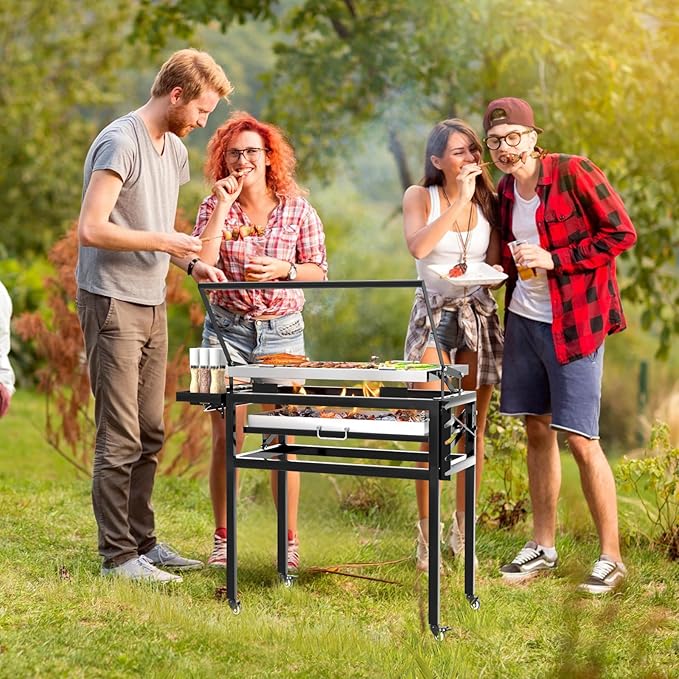 Charcoal Flip Grill for BBQ Black Barbecue Grills for Outdoor Camping Portable Tabletop Charcoal Grill with 360 Degrees Reversible Cooking Grid Removable Tray Adjustable Steel Frame