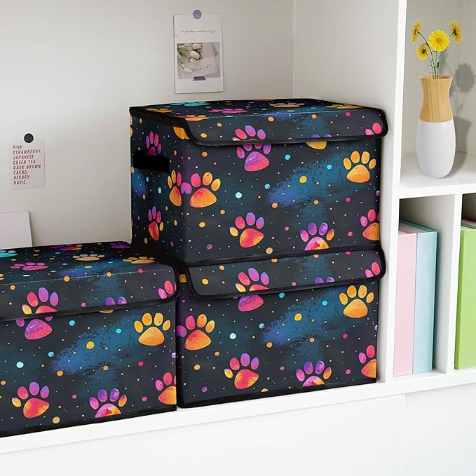 Stackable Clothes Storage Bins with LidsCloset Organizers Fabric Printing Box for Home and OfficeBlanket Clothes OrganizersUnder Bed Storage Containers 3 Pack.