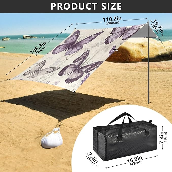 ALAZA Retro Lavender Butterflies Beach Tent Sun Shelter Portable Canopy Sunshade for Outdoor Camping Picnics Backyard Fun 10x9 ft