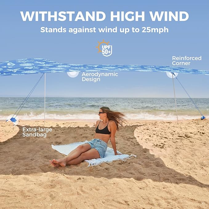 WEKAPO Beach Tent Sun Shelter - Easy Setup Beach Canopy with 4 Sturdy Poles Large Sandbags and Shovel 6'7'' Tall Windproof Sun Shade for Backyard and Camping UPF 50+ Protectio