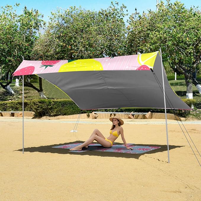 Beach Canopy with Windproof Ropes &amp Sandbags Beach Tent Sun Shade Sun Shelter for Camping Trips Fishing Backyard Fun or Picnics Lemon and Strawberry