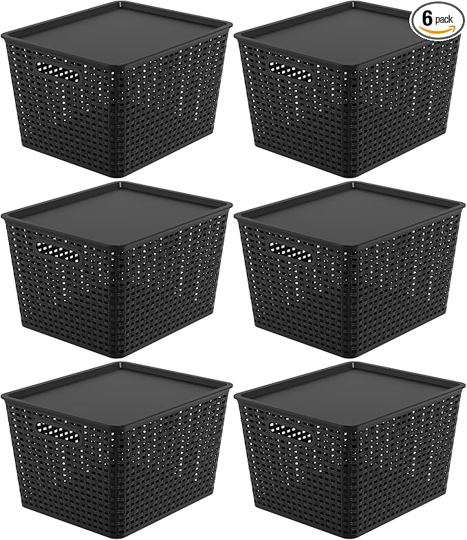 6-Pack Plastic Storage Baskets with Lid Lidded Storage Organizer Bin Black