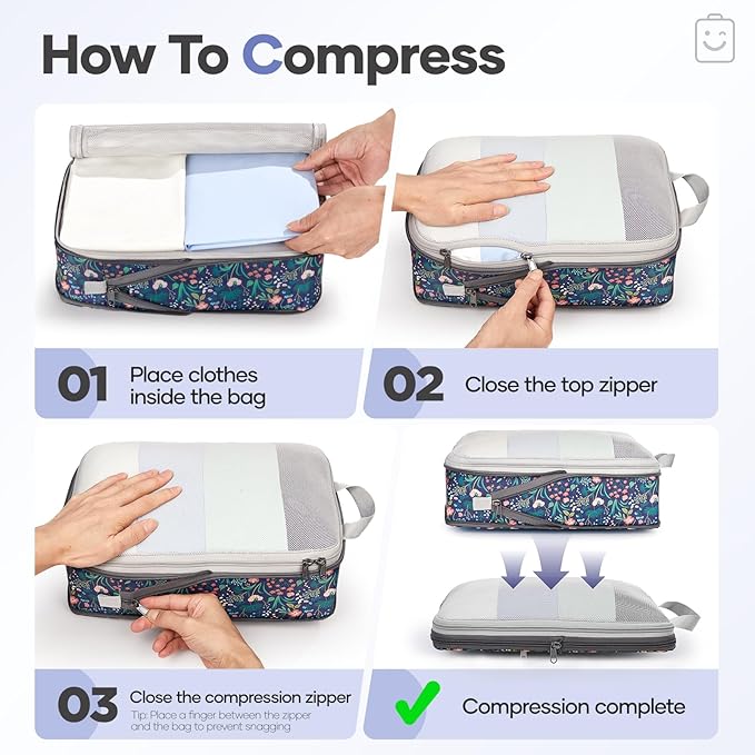 Veken 11 Set Compression Packing Cubes for Travel EssentialsCompressible Expandable Large Luggage Suitcase Organizer Bags for ClothingDurable Space Saver Storage Bags(Dark Blue Floral)