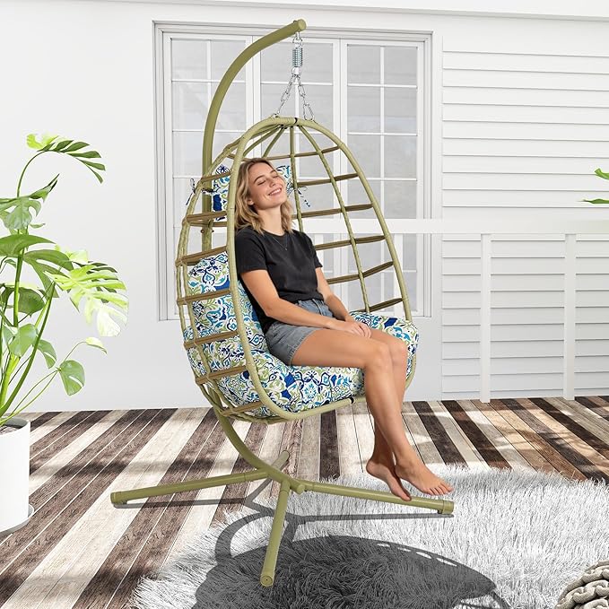 Hanging Egg Chair with Stand Outdoor Indoor Patio Rattan Swing Hammock Chairs with Washable Cushion 350lbs Capacity PE Wicker Swing Chair for Backyard Bedroom Garden (Cyan + Floral Cushion)