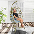 Hanging Egg Chair with Stand Outdoor Indoor Patio Rattan Swing Hammock Chairs with Washable Cushion 350lbs Capacity PE Wicker Swing Chair for Backyard Bedroom Garden (Cyan + Floral Cushion)