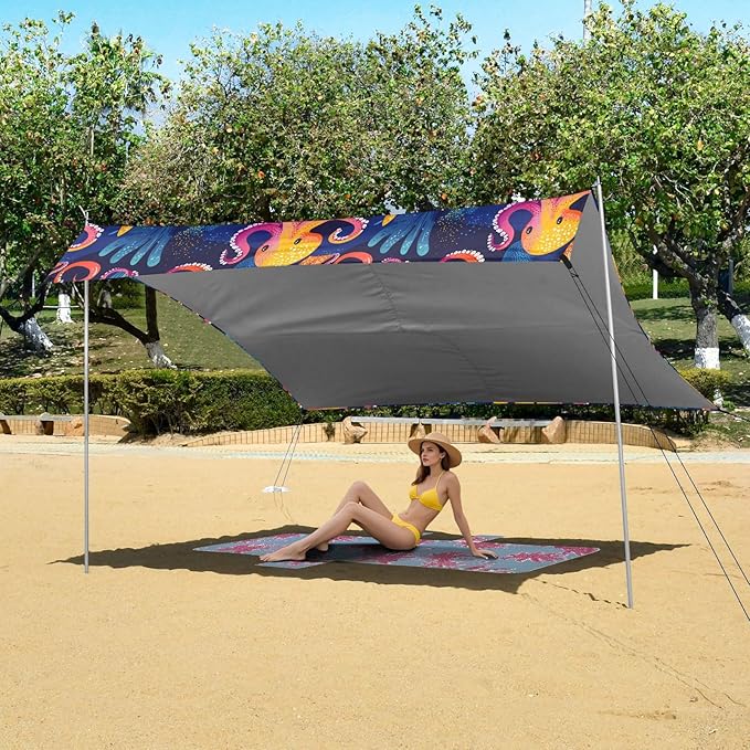 ALAZA Octopuses Seaweed Beach Tent Sun Shelter UPF50+ Protection Beach Shade Canopy w/ 4 Sandbags for Outdoor Camping Fishing Backyard Fun Picnic 10x9 ft