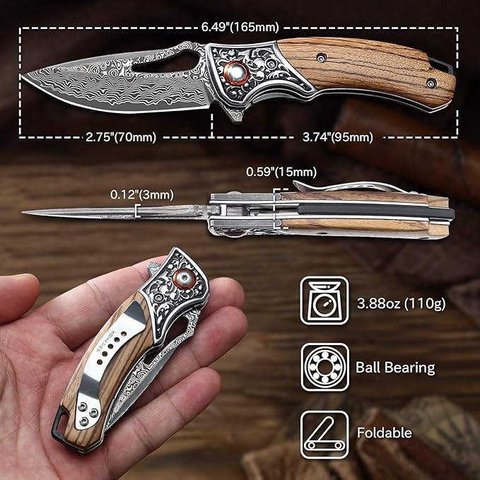 Damascus Pocket Knife with Wooden Handle Sharp 3.54 Damascus Steel Blade Folding Knives for EDC Outdoor Camping Hiking Collection