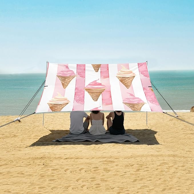 ALAZA Watercolor Striped Ice Cream Cones Pattern Beach Tent Sun Shelter Portable Canopy Sunshade for Outdoor Camping Picnics Backyard Fun 10x9 ft