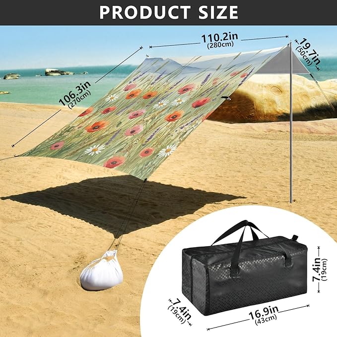 xigua Wildflowers Beach Tent Sun Shelter with Carrying Bag - Silver Coated Oxford Fabric Beach Canopy for Beach Camping Fishing - Includes Windproof Ropes Sandbags &amp Stakes
