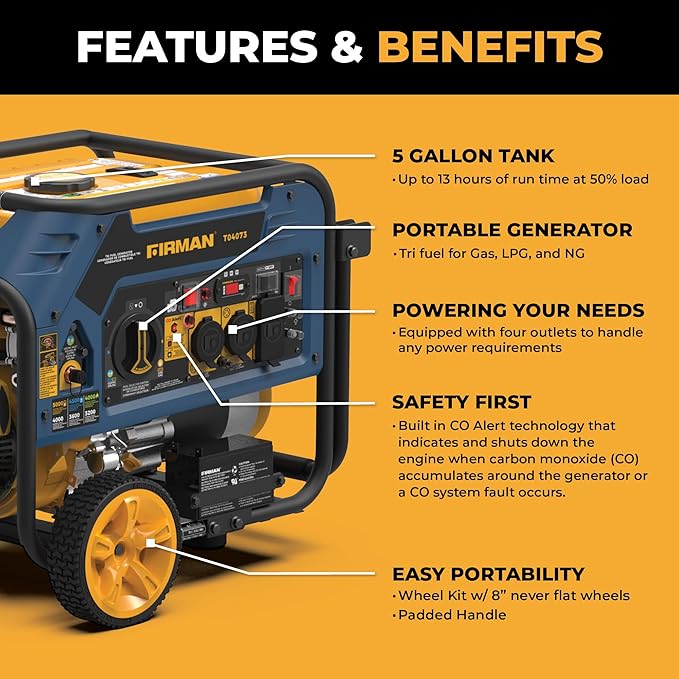 FIRMAN T04073 Tri Fuel Portable Generator 5000W Gas 4000W Running 4500W Propane 4000W Natural Gas Electric Start 120/240V CO Alert Low Oil Shut Off for Home RV Backup Camping Outdoor Power