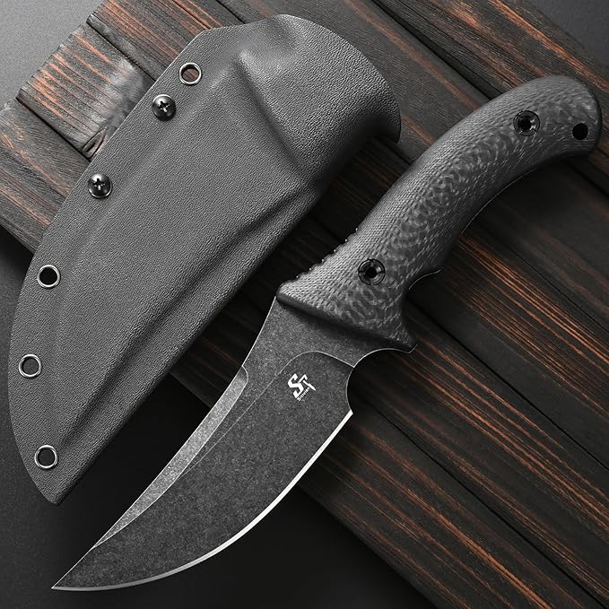 Sitivien ST31 Fixed Blade Knife N690 Black Stonewashed Steel Blade Carbon Fiber Handle Full Tang EDC Straight Knife for Outdoor Working Camping Hunting Fishing(Black)