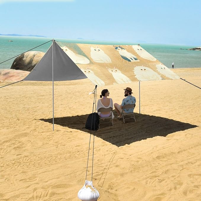 White Blue Cats Beach Canopy UPF50 Lightweight Large Portable Sun Shelter with Sandbags Sand Shovel Poles for Backyard and Camping