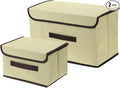 uxcell 2Pcs Storage Bin with Lid Fabric Foldable Box Decorative Storage Boxes with Lids for Keepsake Shelf Closet Nursery Home Bedroom(Beige White S &amp L Size)